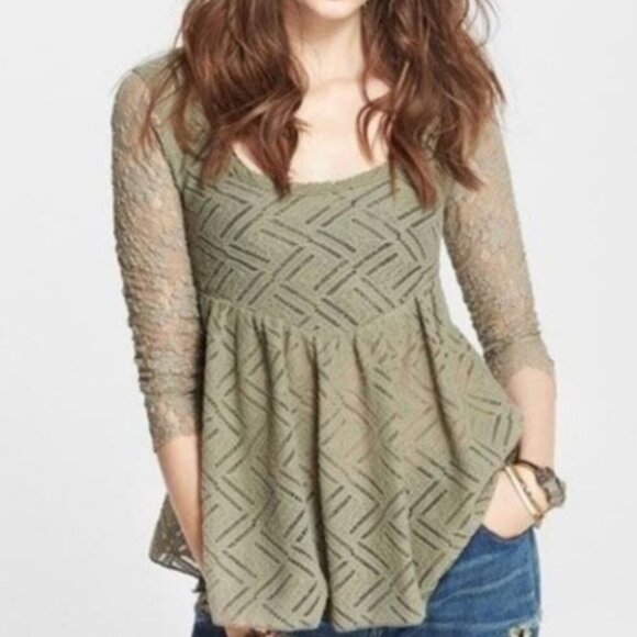 Free People Gracie Brushed Lace Top in Green, Sz S - Picture 6 of 6